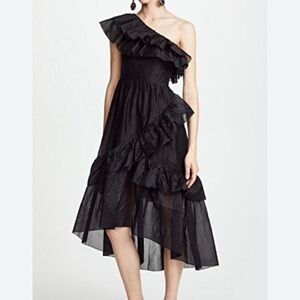 ULLA JOHNSON CLEMENTE  ONE SHOULDER RUFFLE silk MIDI DRESS